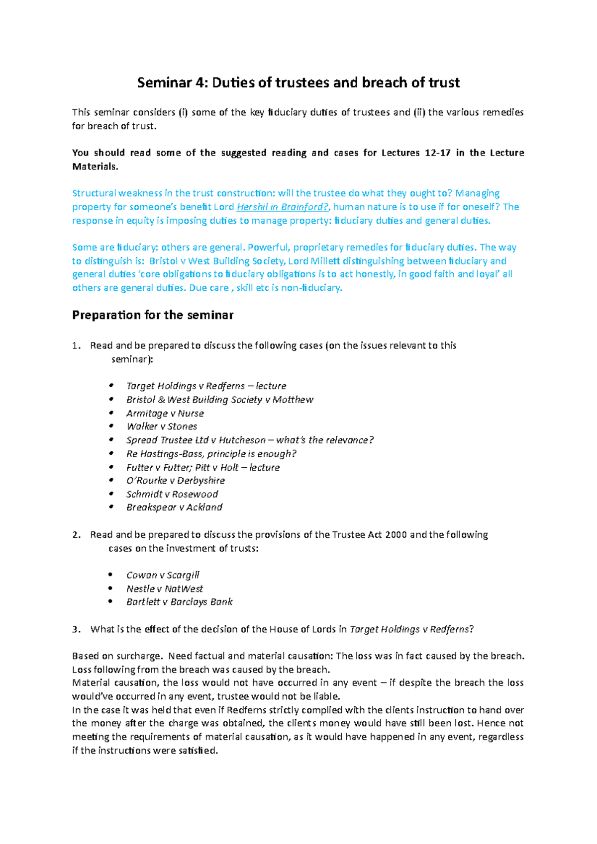 Seminar 4: Key Duties of Trustees & Remedies for Breach of Trust - Studocu