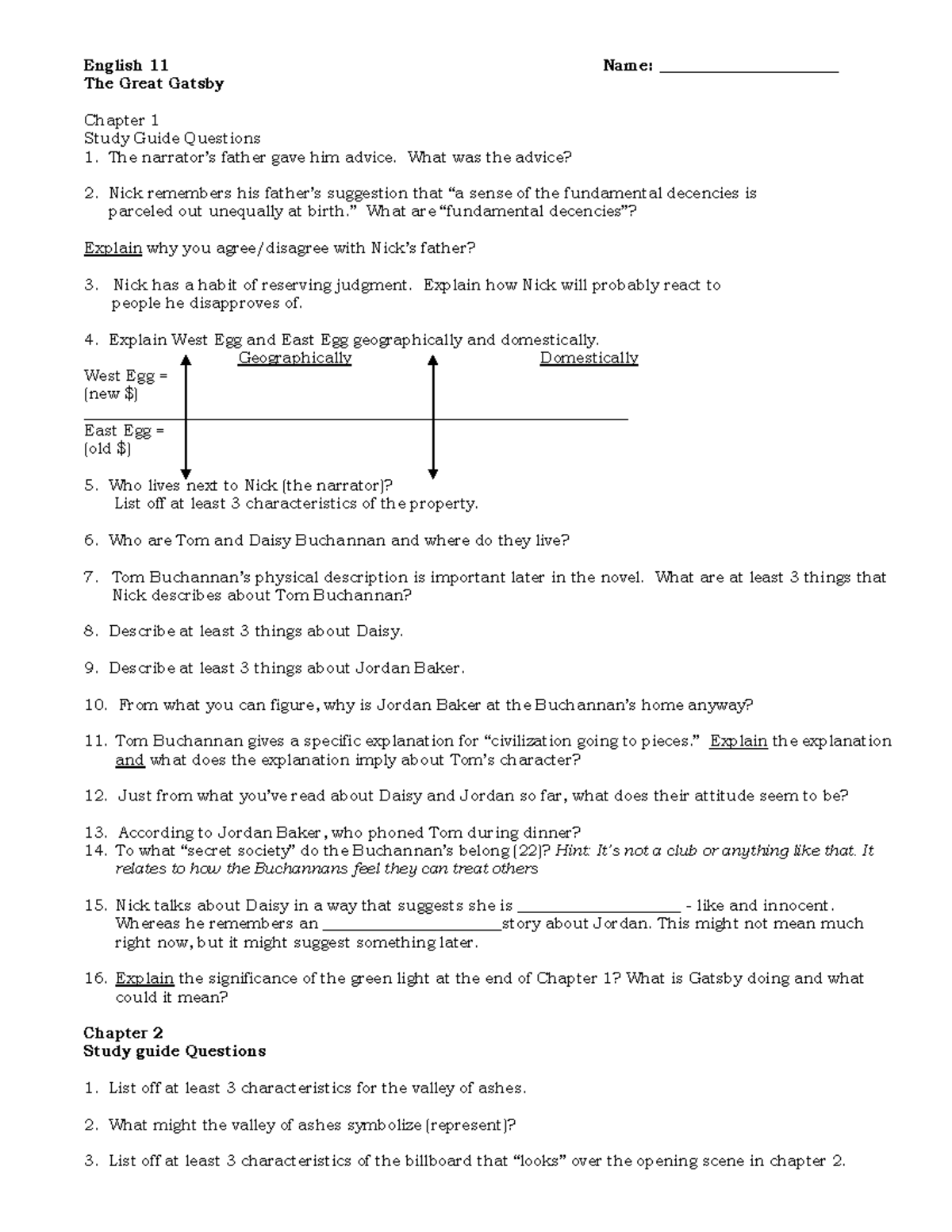 Gatsby study guide - English 11 Name: _______________________ The Great ...