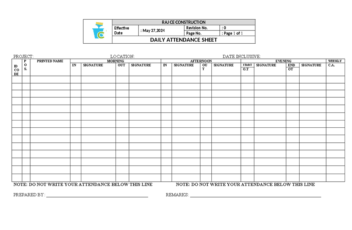 Daily Attendance - RAJ CE CONSTRUCTION Effective Date : May 27 ...