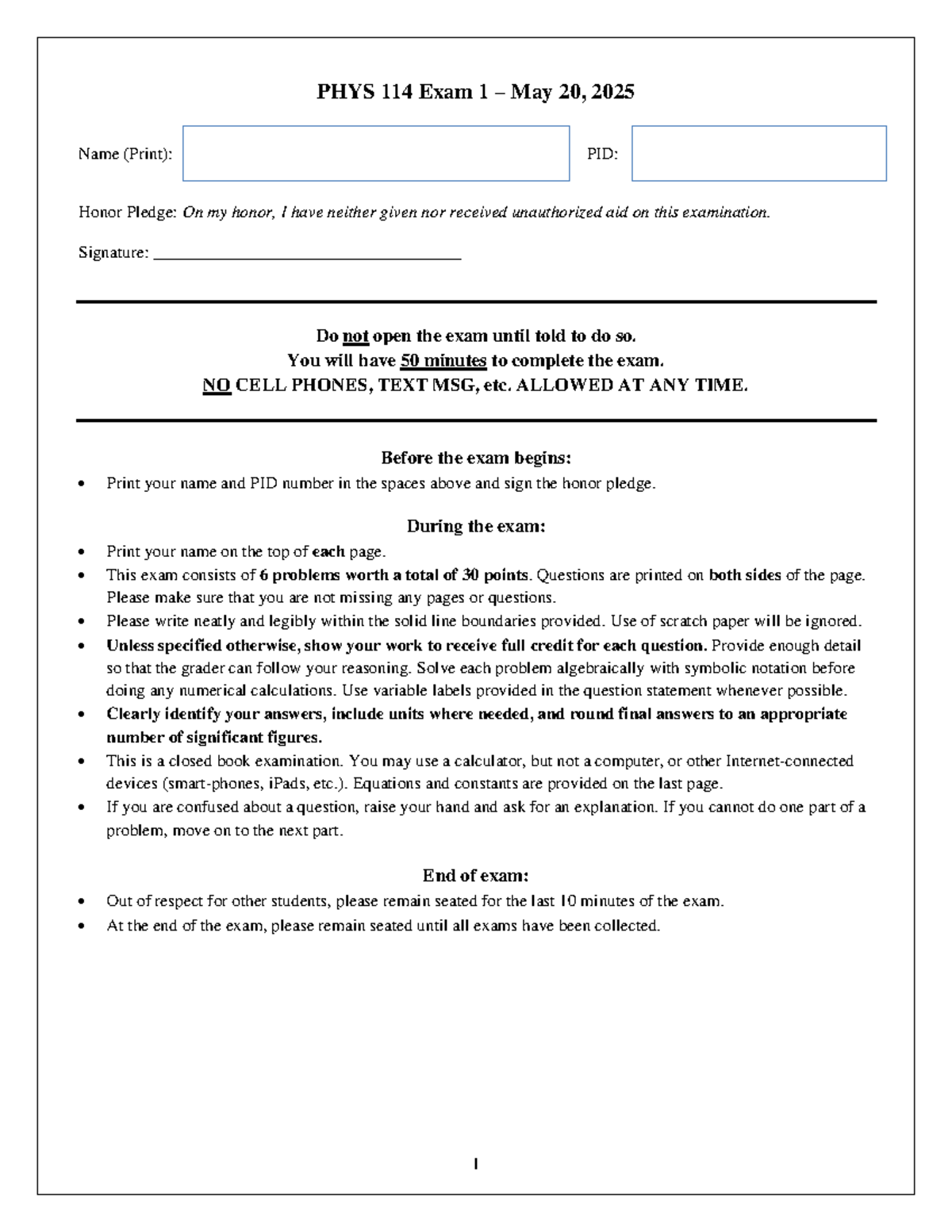 PHYS 114 Exam 1 Guidelines and Problem Set - May 20, 2025 - Studocu