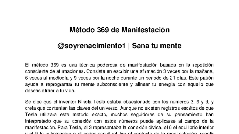 Método 369 de Manifestación: Guía Completa para Sanar tu Mente - Studocu