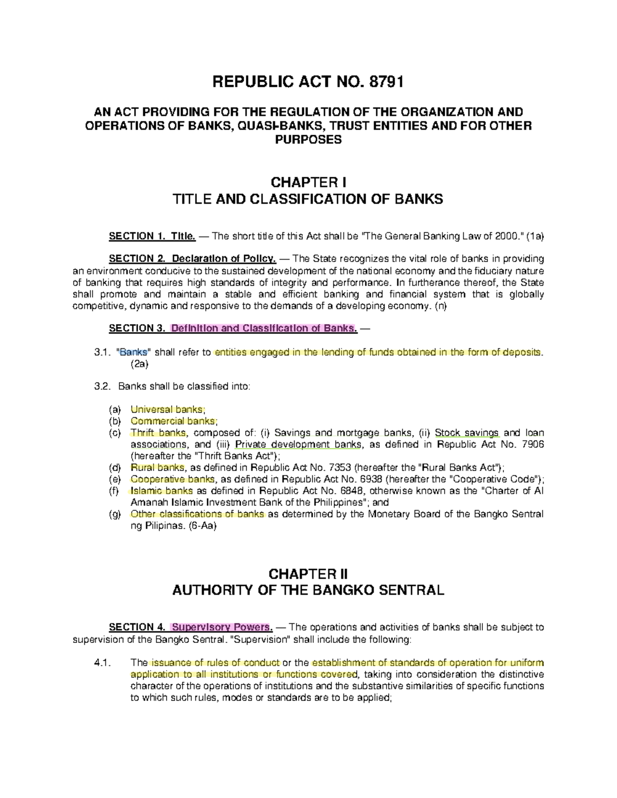 General Banking Law Overview (RA 8791) - Chapter I Insights - Studocu