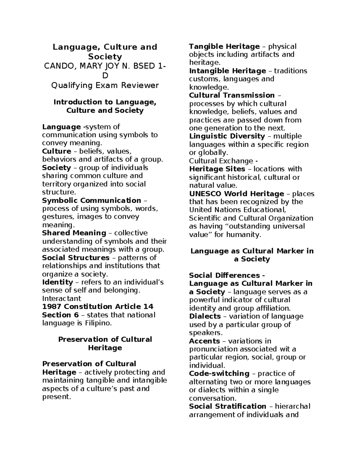 Language, Culture and Society BSED 1D Qualifying Exam Reviewer - Studocu