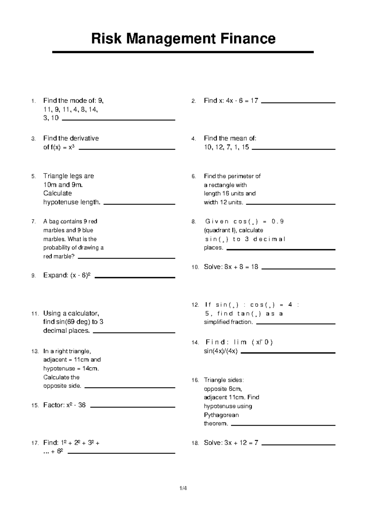 Risk Management Finance 9: Problem Set Solutions and Answers - Studocu