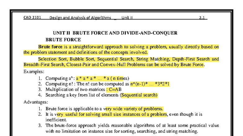 CAD 2101 Design and Analysis of Algorithms - Unit II: Brute Force ...