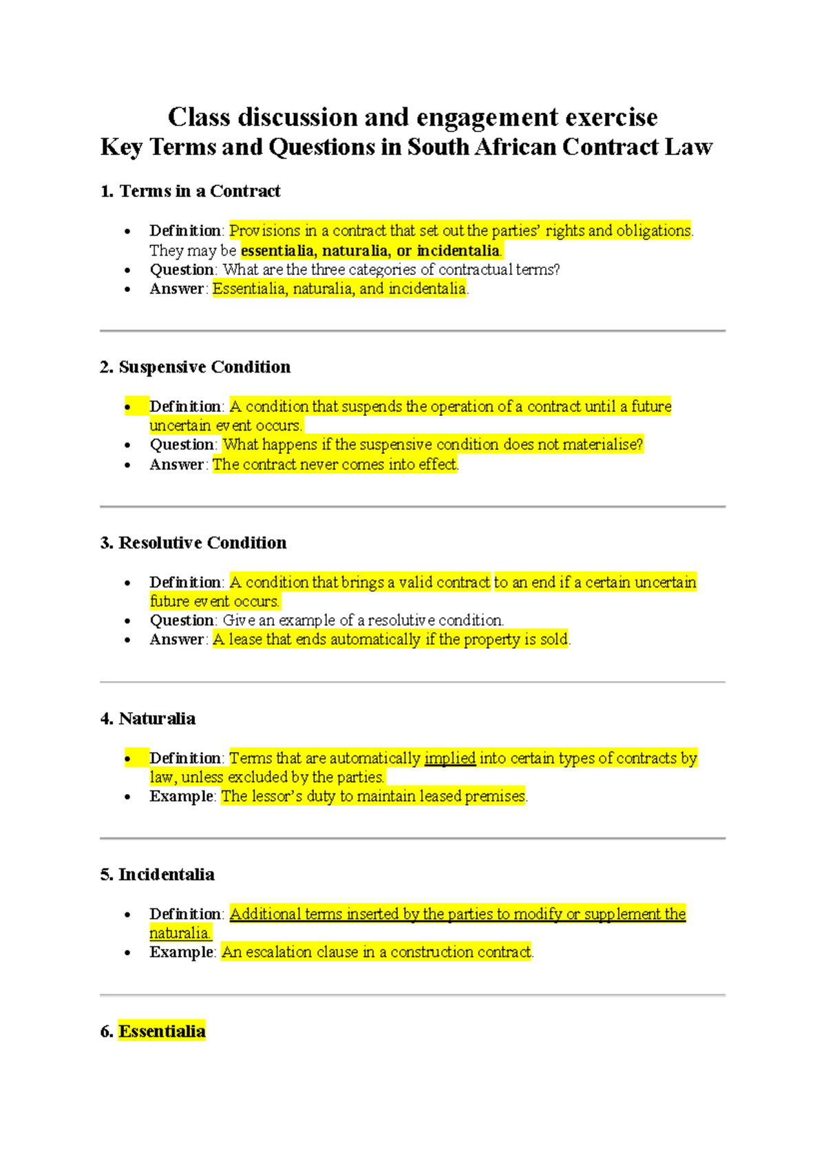 South African Contract Law: Key Terms & Questions (LAW 101) - Studocu