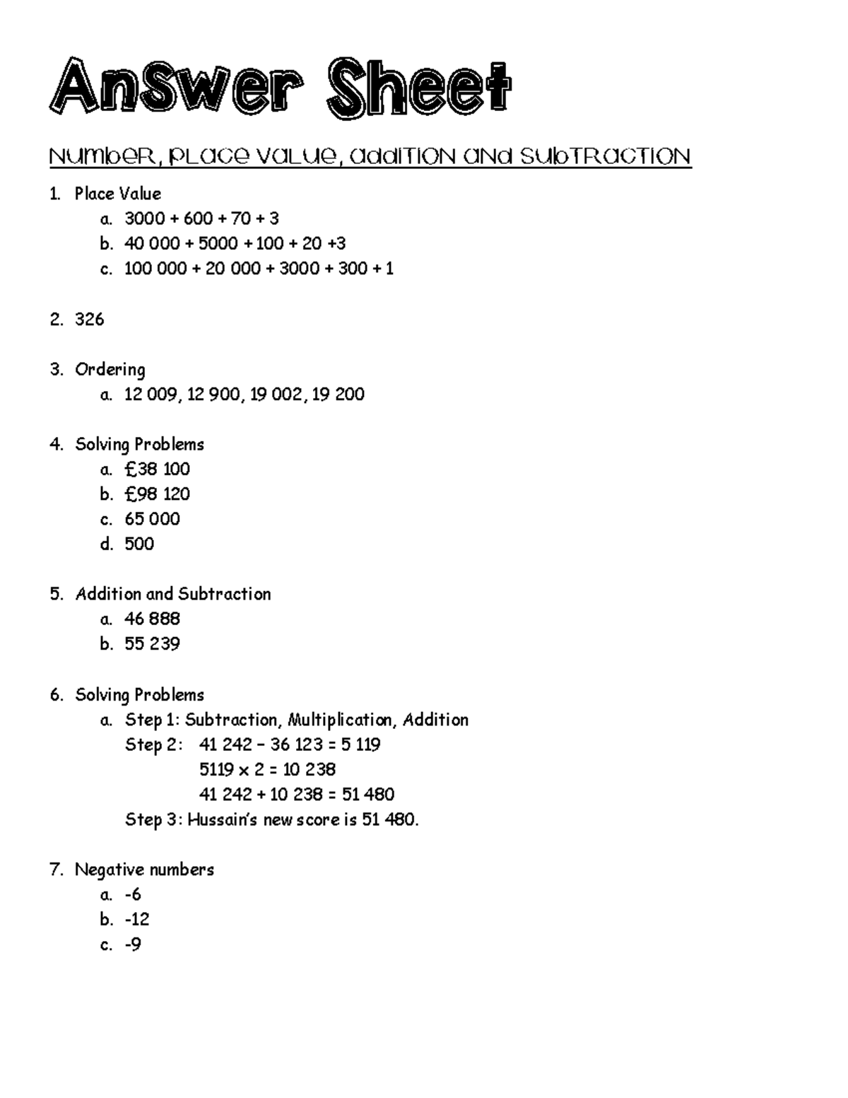 MATH 101: Answer Sheet on Place Value, Addition & Subtraction Concepts ...