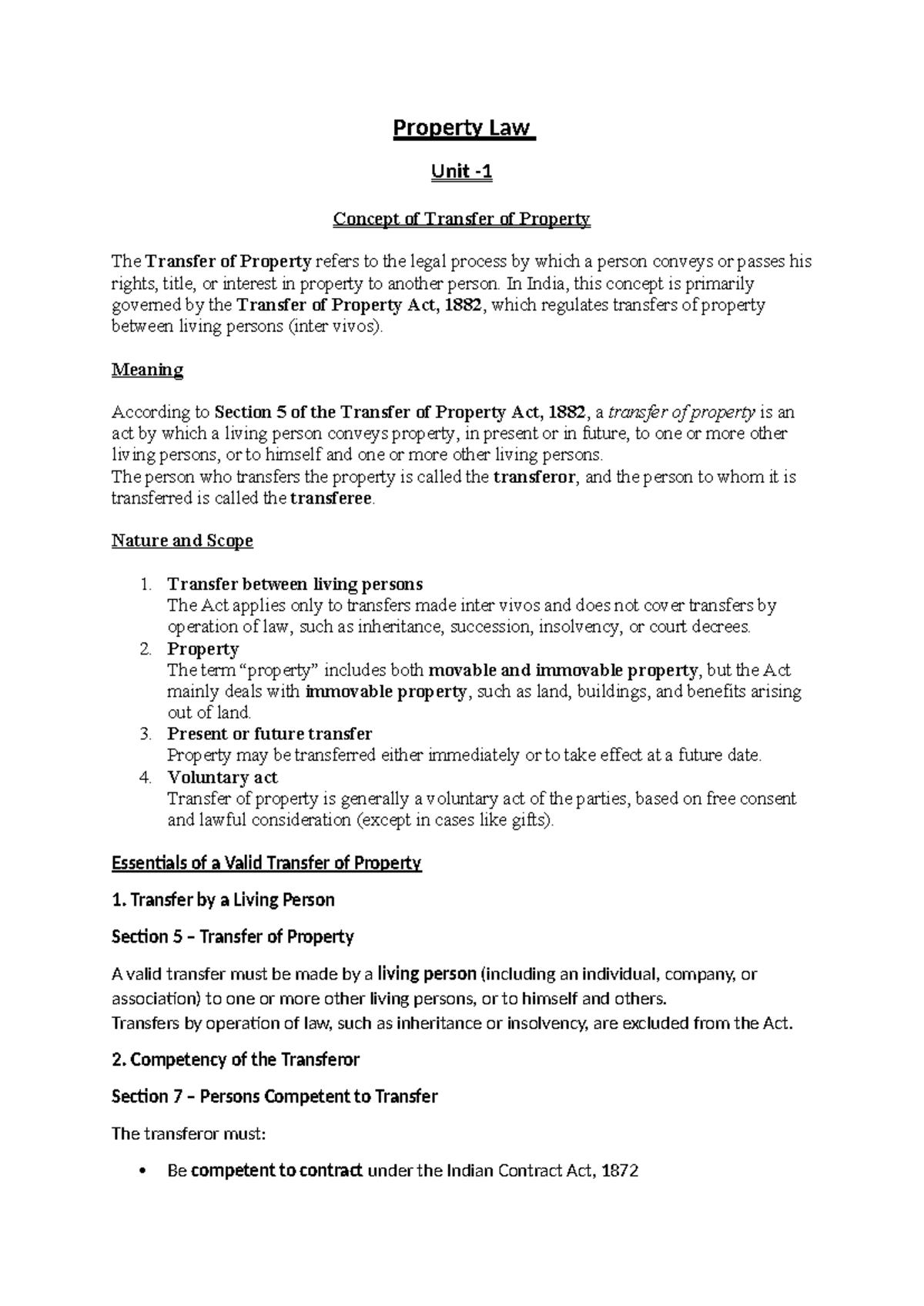 Property Law - Short Notes on Transfer of Property (Unit Code: PL101 ...