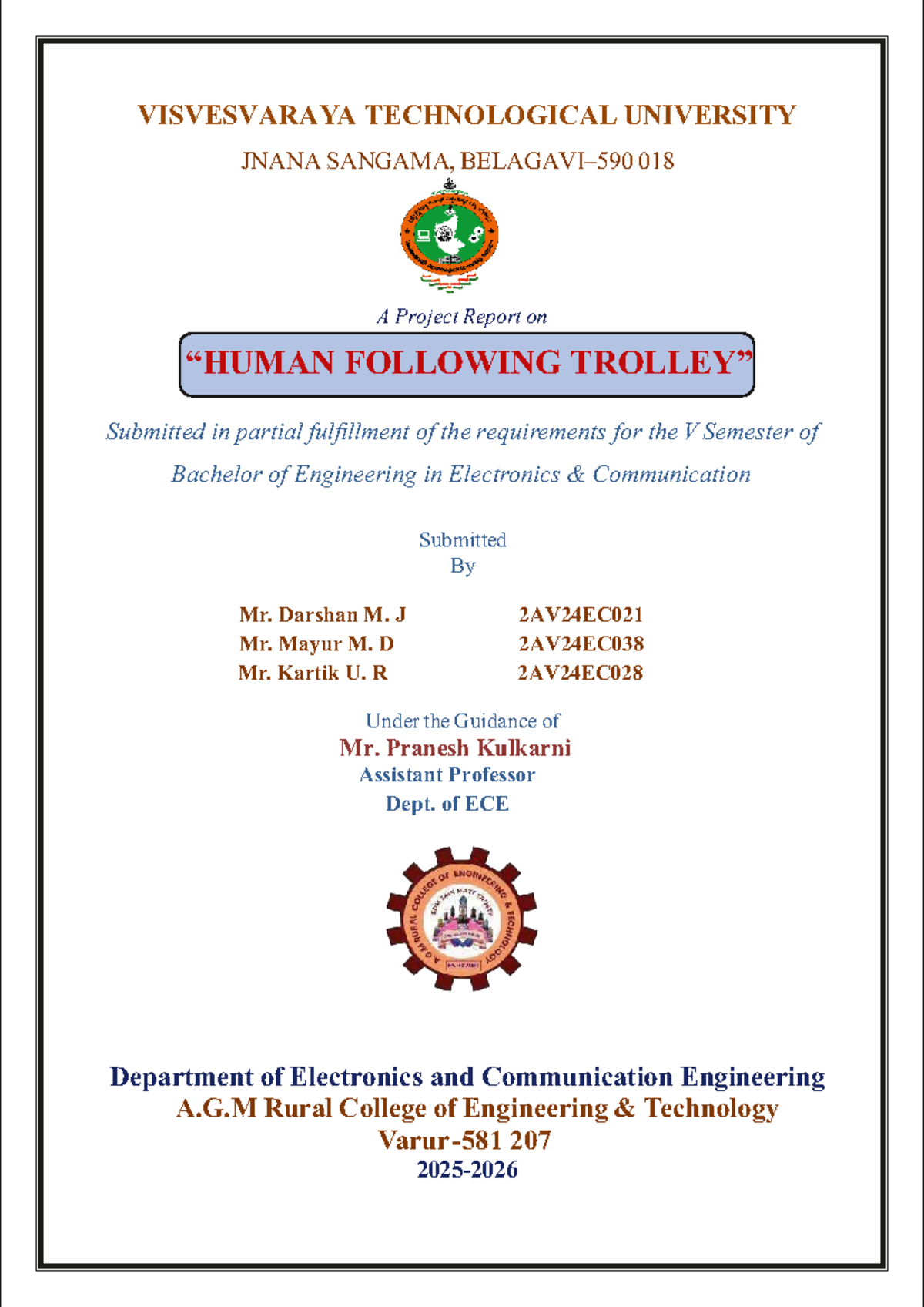 Human Following Trolley Project Report (BEC586) - VTU 5th Sem - Studocu