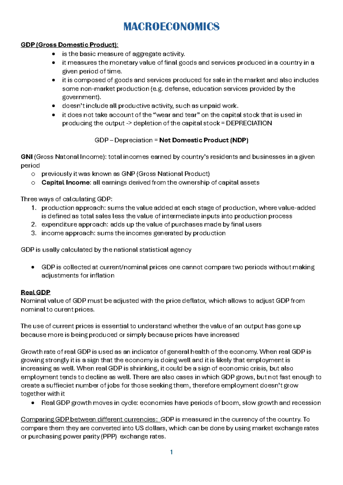 MACROECONOMICS 2024/2025: Lecture Notes on GDP and Economic Indicators ...
