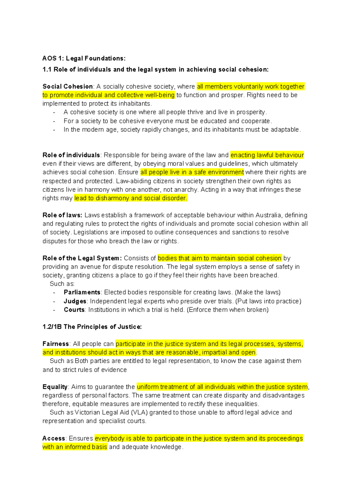 AOS 1: Legal Foundations - Unit 1 Exam Notes on Social Cohesion and Law ...
