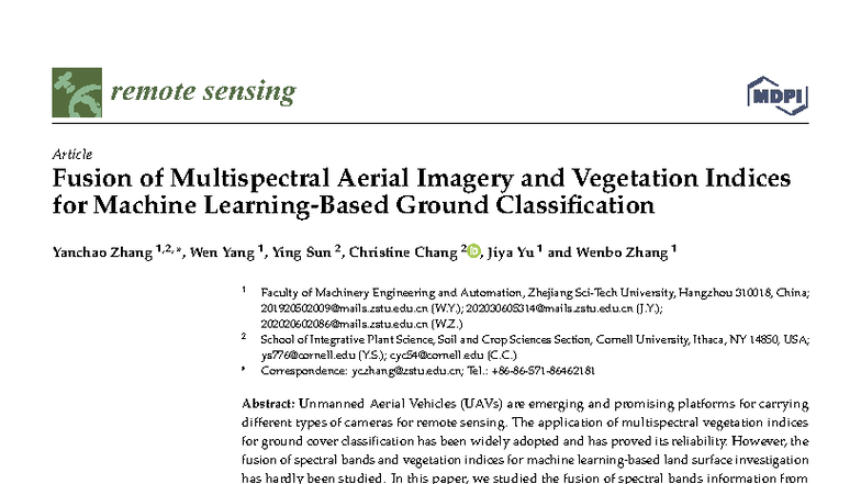 Remote Sensing 2021: Fusion of Multispectral UAV Imagery for Ground ...