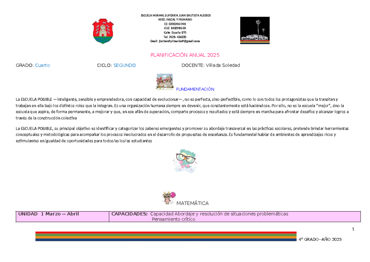 Planificación Anual 2025 - 4° Grado - Matemáticas y Geometría - Studocu