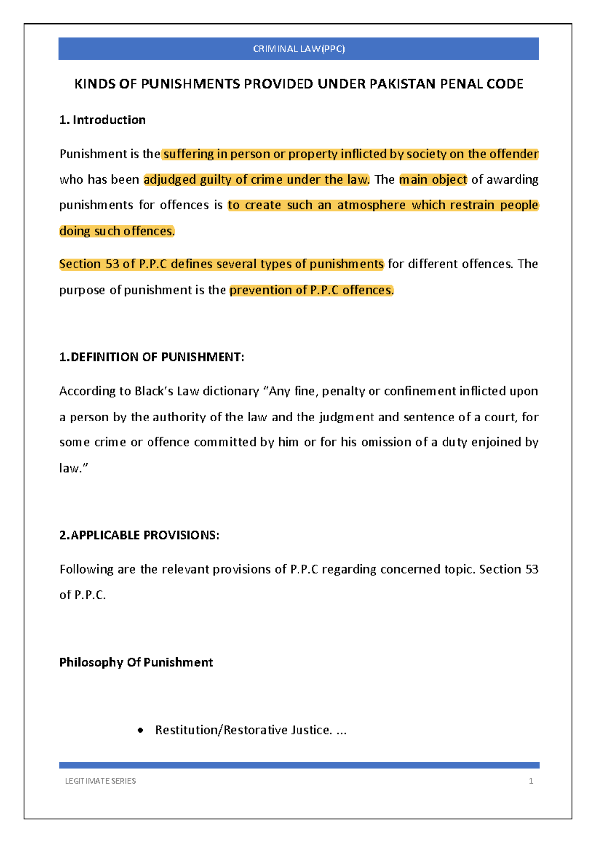 CRIMINAL LAW (PPC) KINDS OF PUNISHMENTS UNDER PAKISTAN PENAL CODE - Studocu