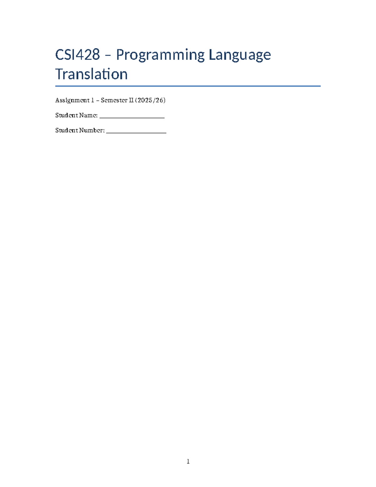 CSI428 Programming Language Translation Assignment 1 - Final - Studocu