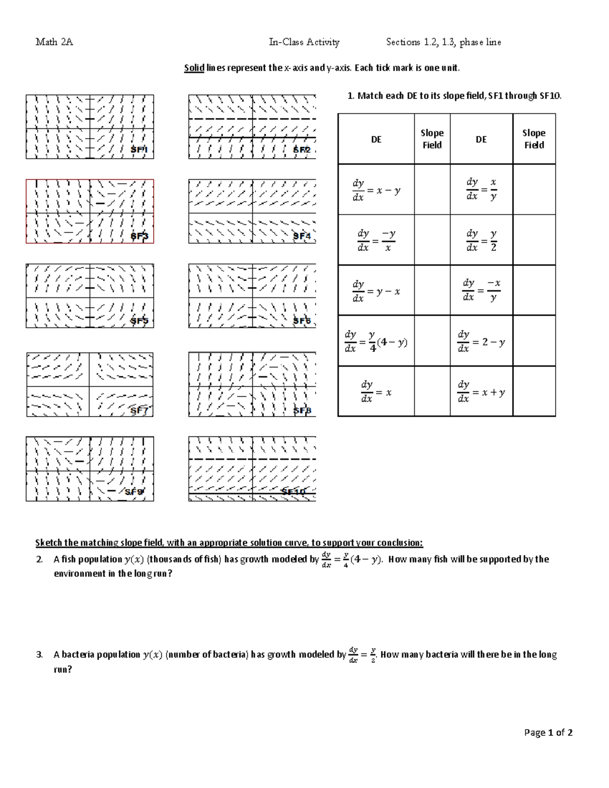 Math 2A Phase Line Practice Problems (Sections 1.2, 1.3) - Studocu