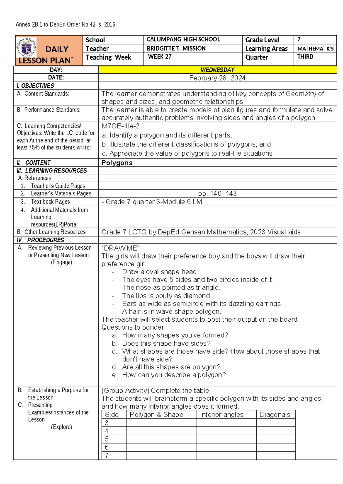 Cot3 - MATH7 Lesson Plan for Evaluating Algebraic Expressions - Studocu