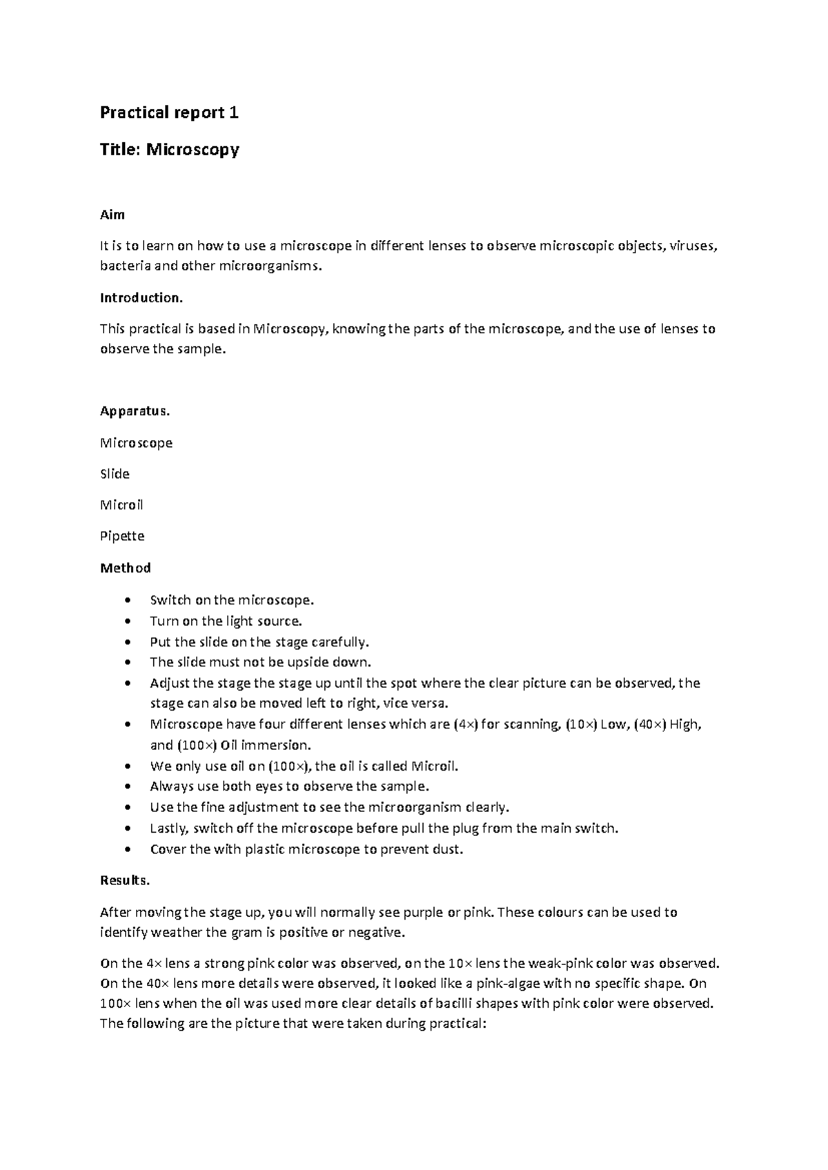 Practical report - Introduction. This practical is based in Microscopy ...