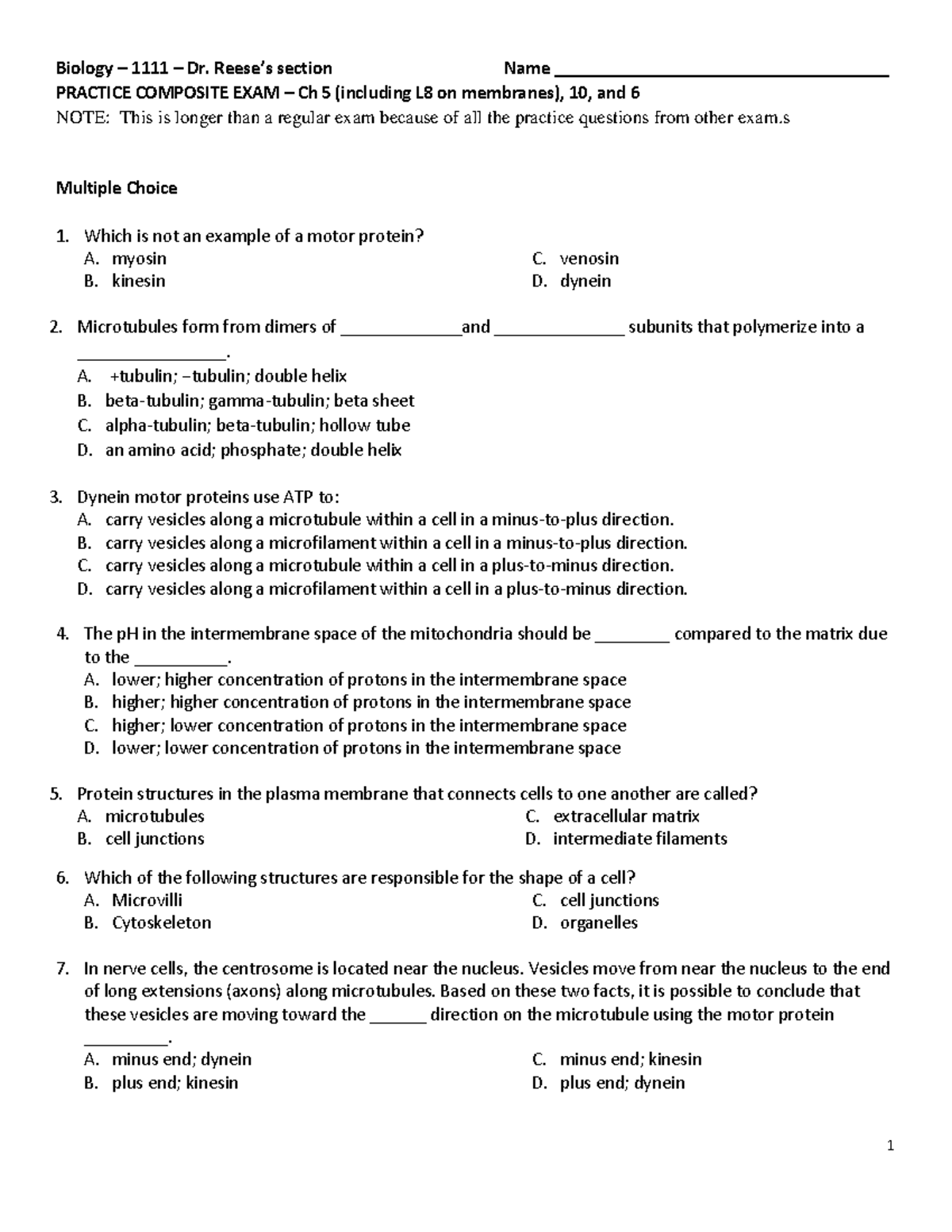 Biology 1111 Midterm Practice Exam - Ch 5, 6, and 10 Questions - Studocu