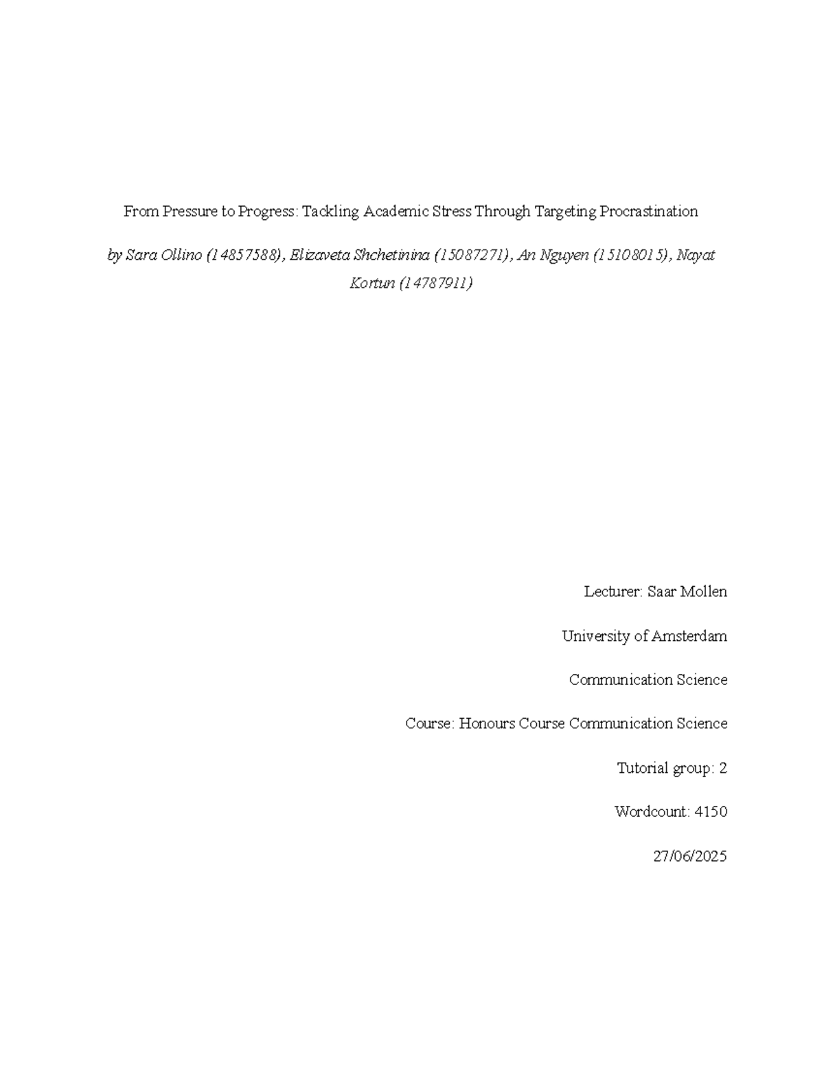 Honours Course Final Paper: Addressing Academic Stress ...