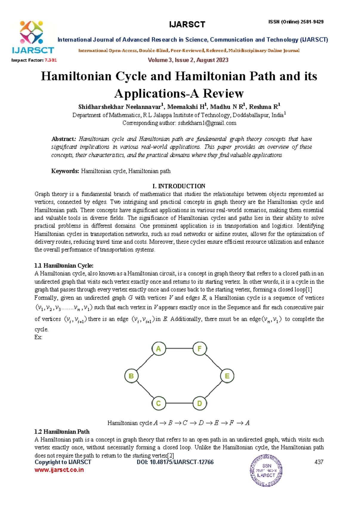 Hamiltonian Cycle and Path: A Comprehensive Review (IJARSCT) - Studocu
