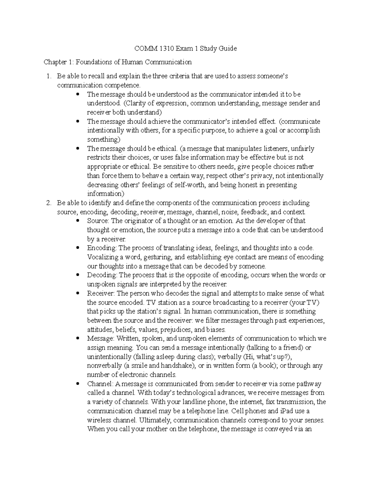 COMM 1310 Exam 1 Study Guide: Foundations of Human Communication - Studocu