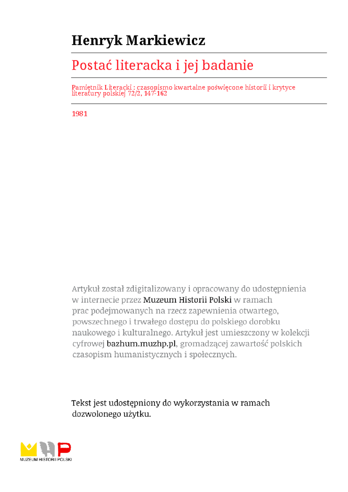 Henryk Markiewicz: Postać Literacka i Jej Badanie w Pamiętniku ...