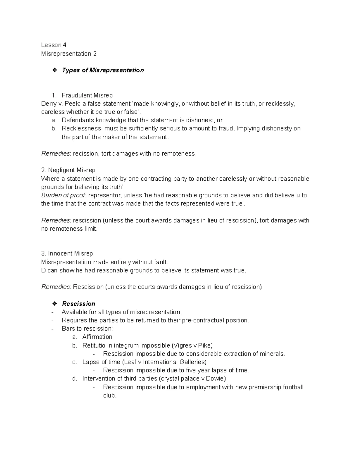 Contract Law Lesson 3: Understanding Misrepresentation in Contracts ...