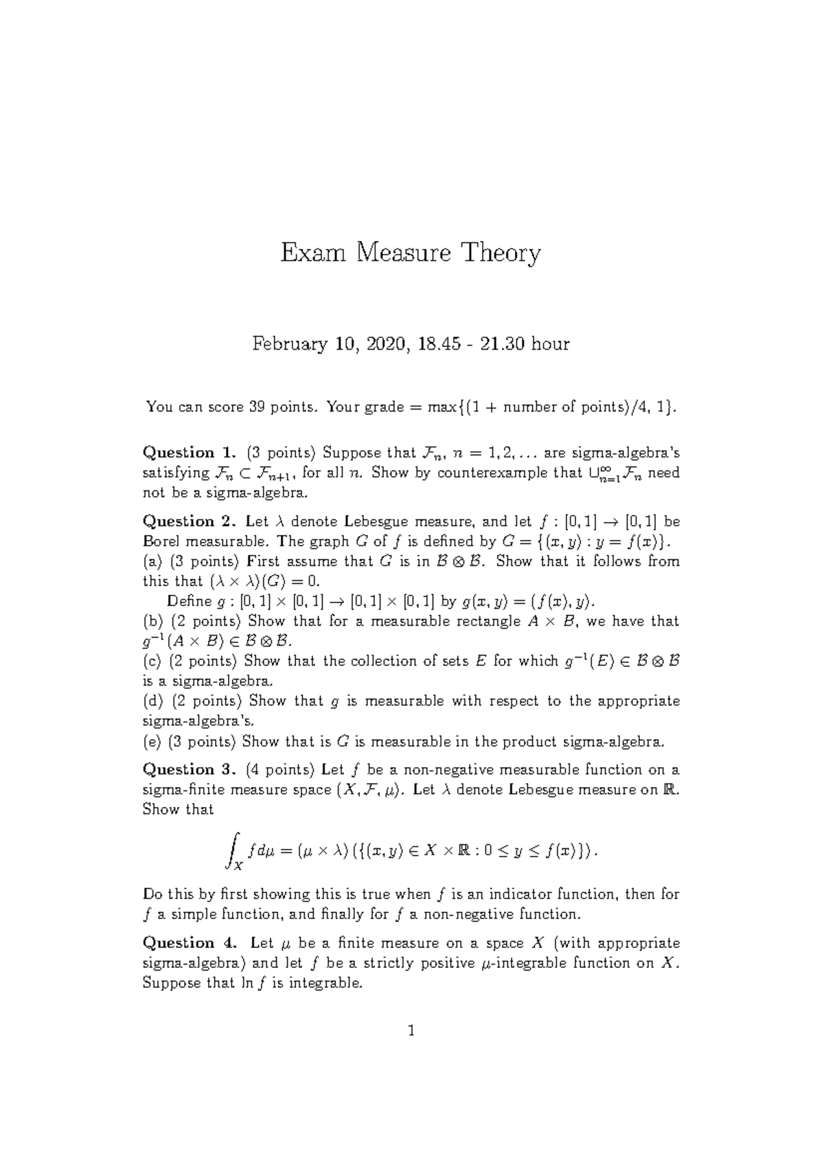Measure Theory Resit Exam - Feb 2021: Key Questions and Solutions ...