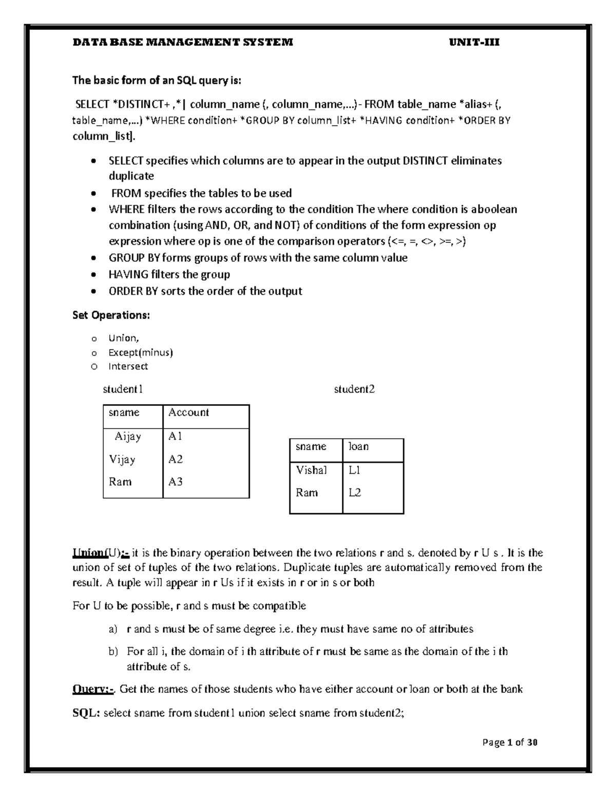 DBMS UNIT-3: Comprehensive SQL Query and Command Notes - Studocu