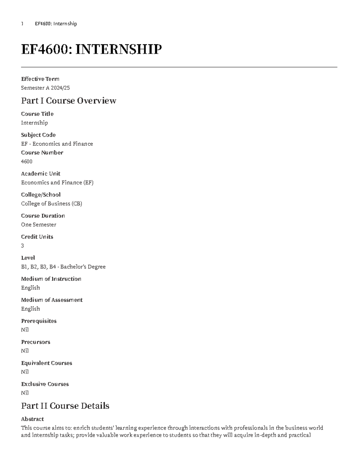 EF4600: Internship Course Overview and Learning Outcomes - Studocu
