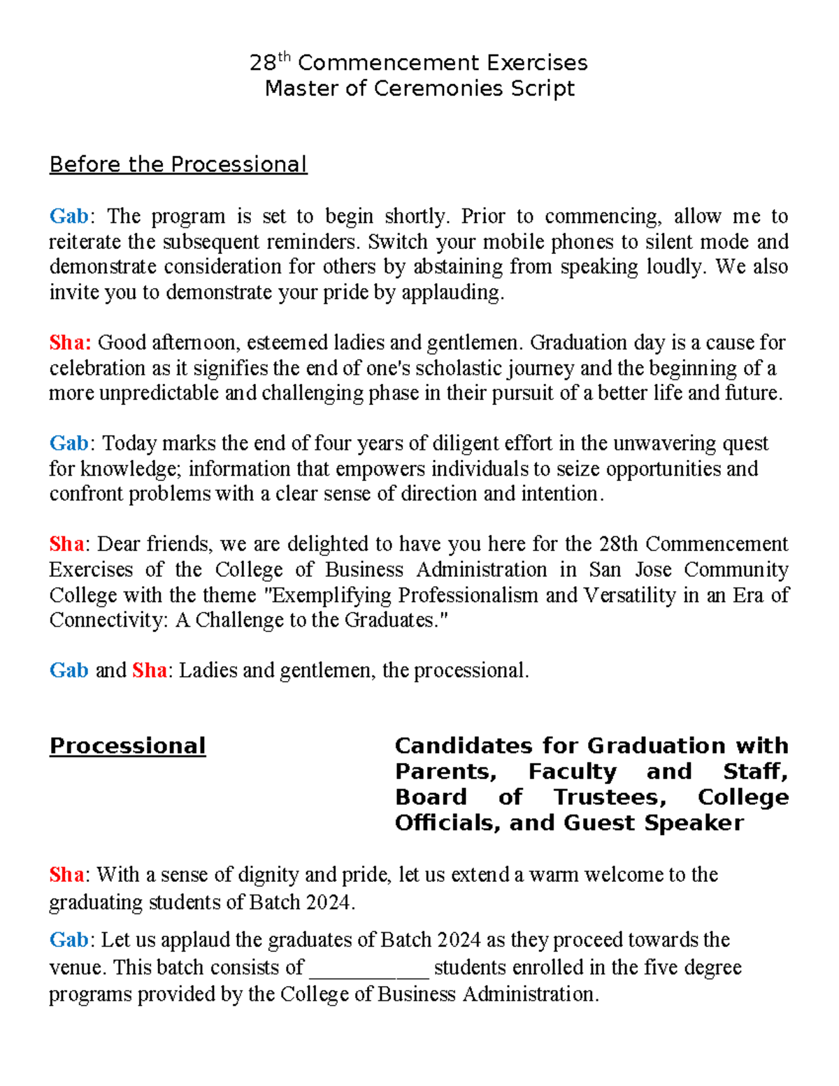 Master of Ceremonies Script for 28th Commencement Exercises - Batch ...