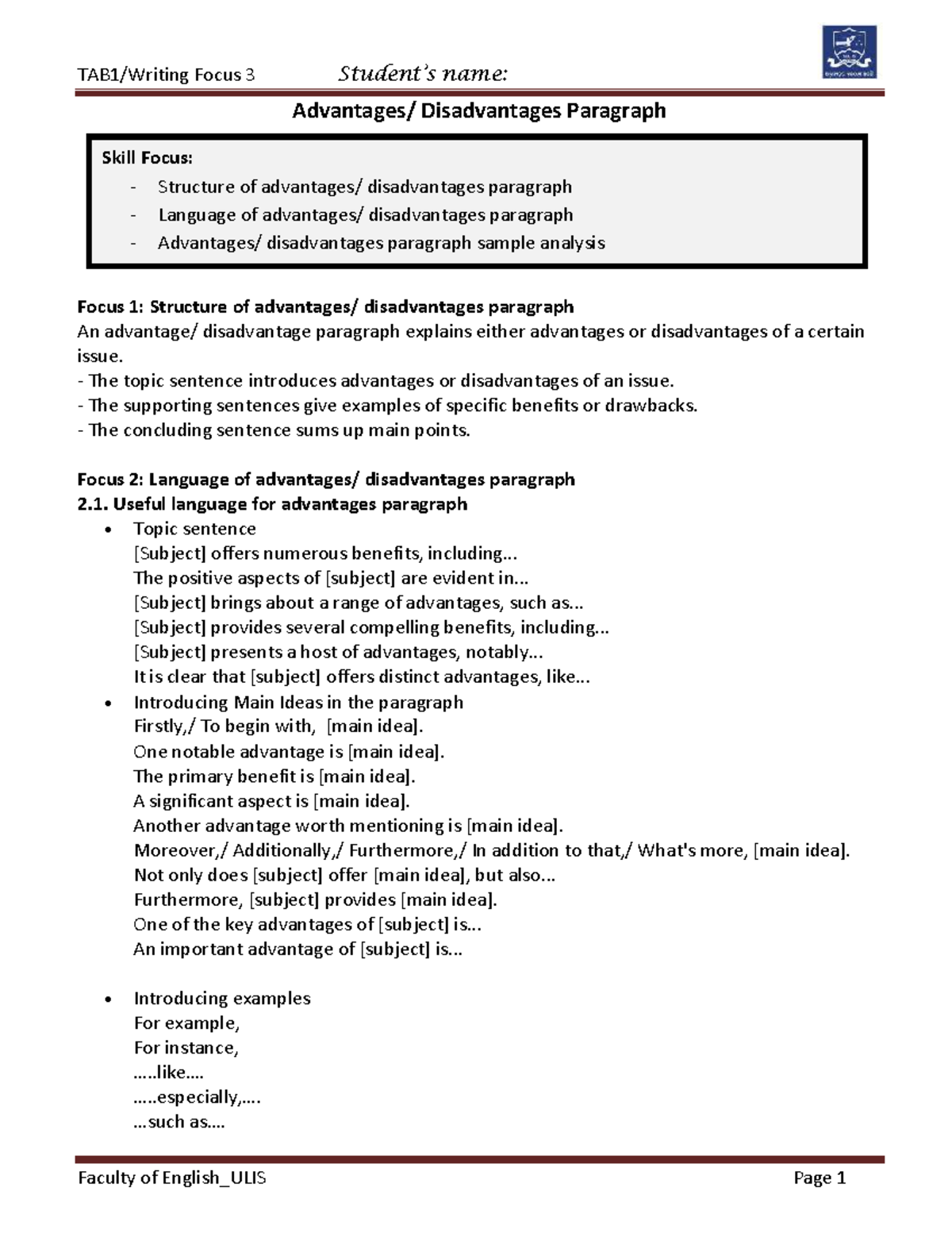 B1 LMS Writing Focus 3: Disadvantages Paragraph Structure & Language ...