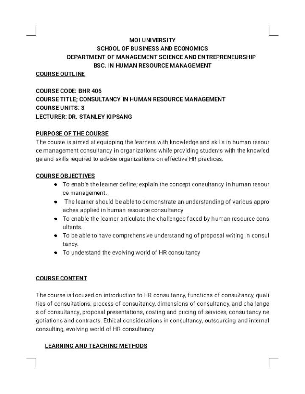 BHR 406 Course Outline: Human Resource Management Consultancy - Studocu