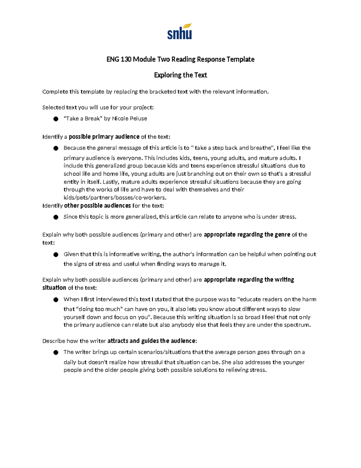 ENG 130 Module Two Reading Response Template and Guidance - Studocu