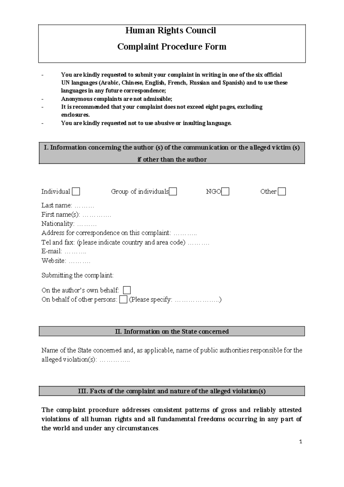 HRC Complaint Procedure Form: Guidelines for Submitting Complaints ...