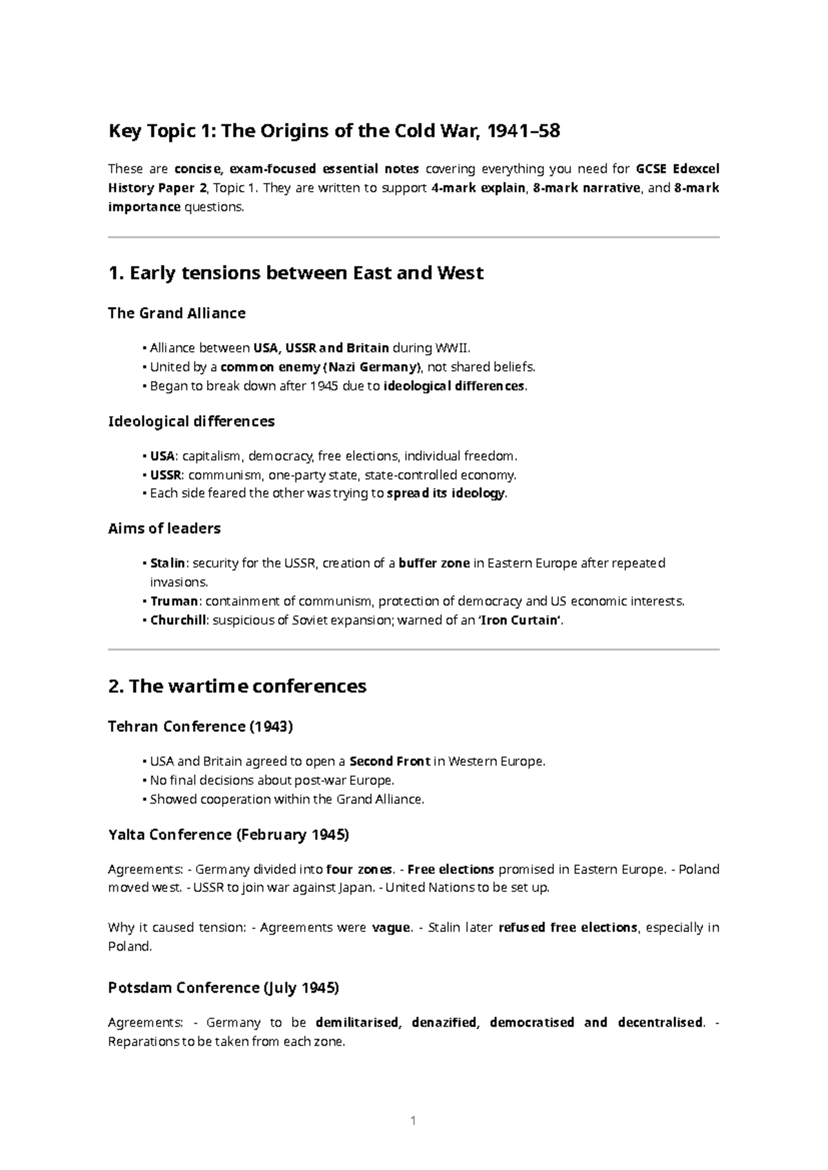 GCSE Edexcel History Paper 2: Cold War Topic 1 (1941–58) Notes - Studocu