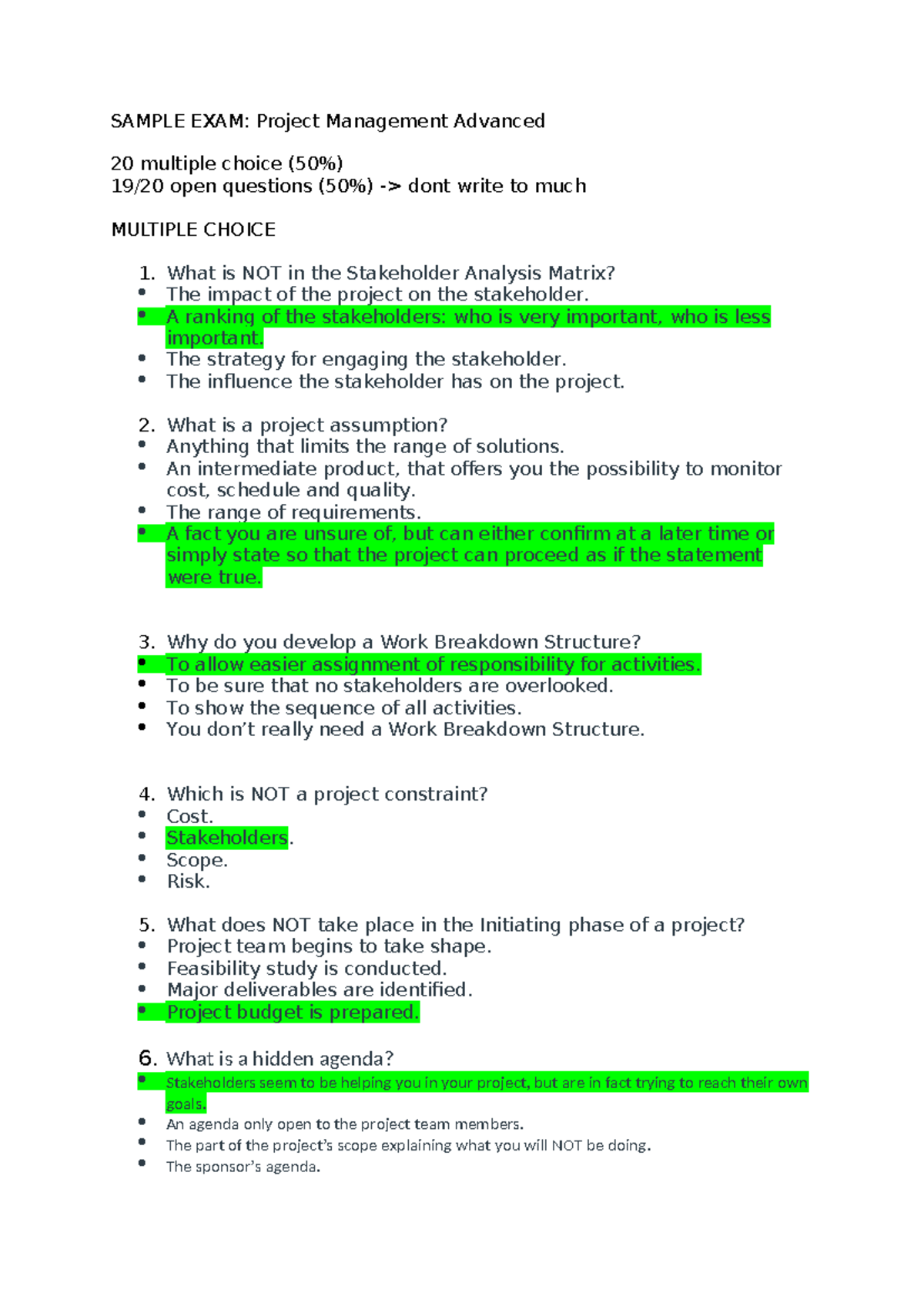 SAMPLE EXAM: Project Management Advanced MCQs & Open Questions - Studocu