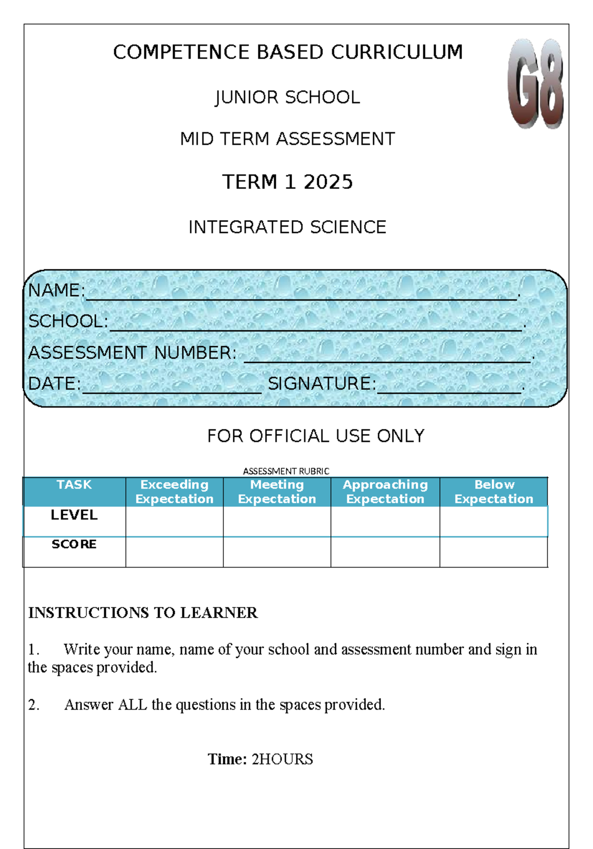 G8 Integrated Science Midterm Assessment Term 1 2025 - Studocu