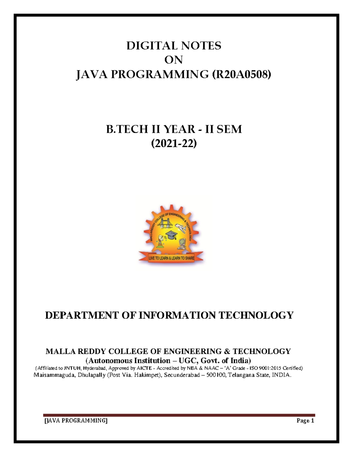 JAVA Programming - Java - DIGITAL NOTES ON JAVA PROGRAMMING (R20A0508 ...