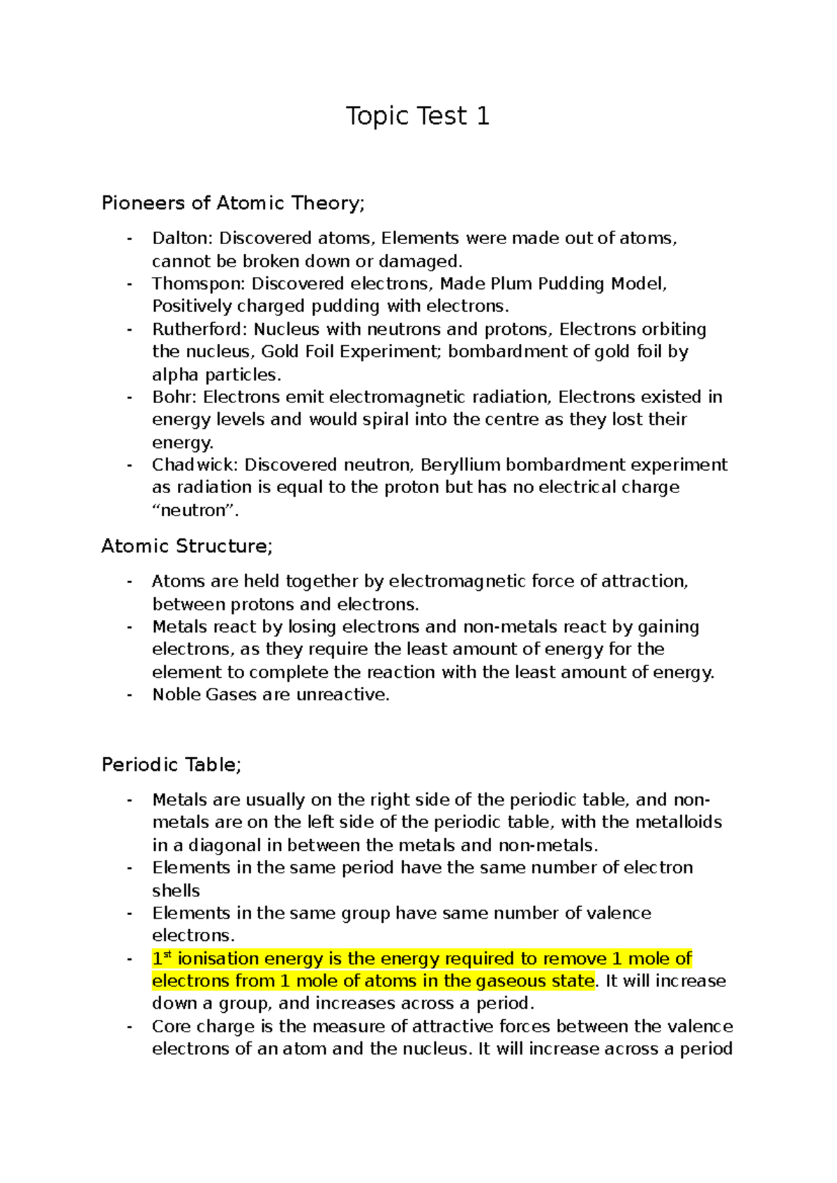 Topic Test 1 Revision: Key Concepts in Atomic Theory and Chemistry ...