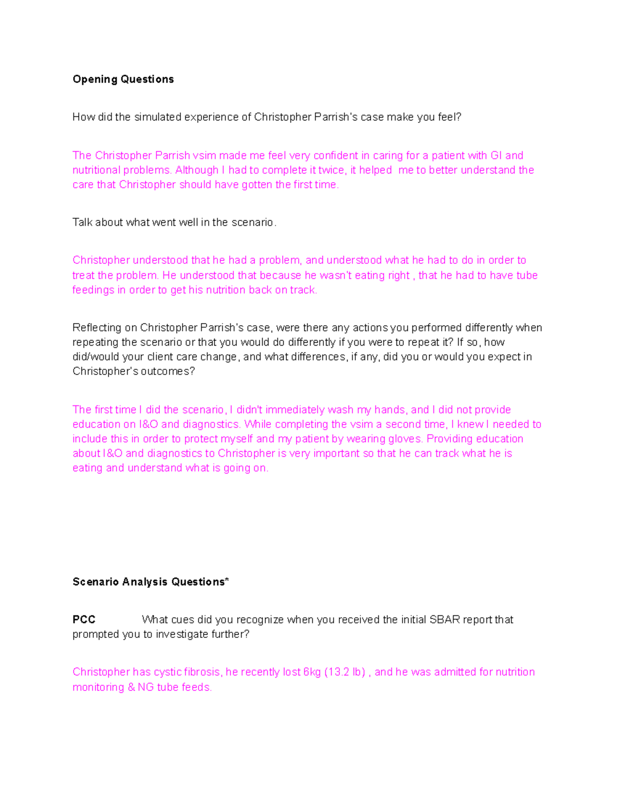 Christopher Parrish Case Study Reflection Questions (NUR 101) - Studocu