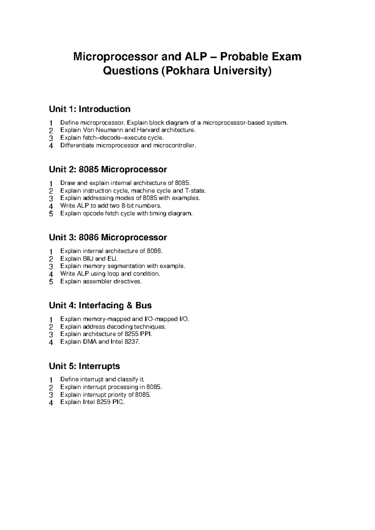 Microprocessor ALP Probable Exam Questions (PU) - Unit 1 to 5 - Studocu
