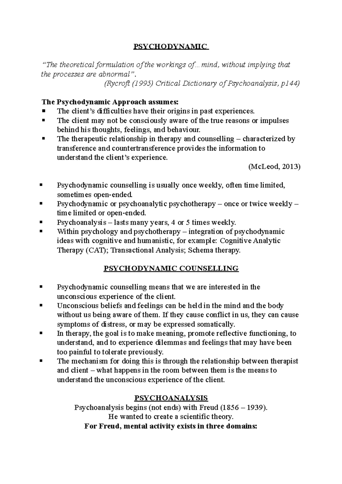 Psychodynamic PSYC Lecture Notes: Understanding Core Concepts - Studocu
