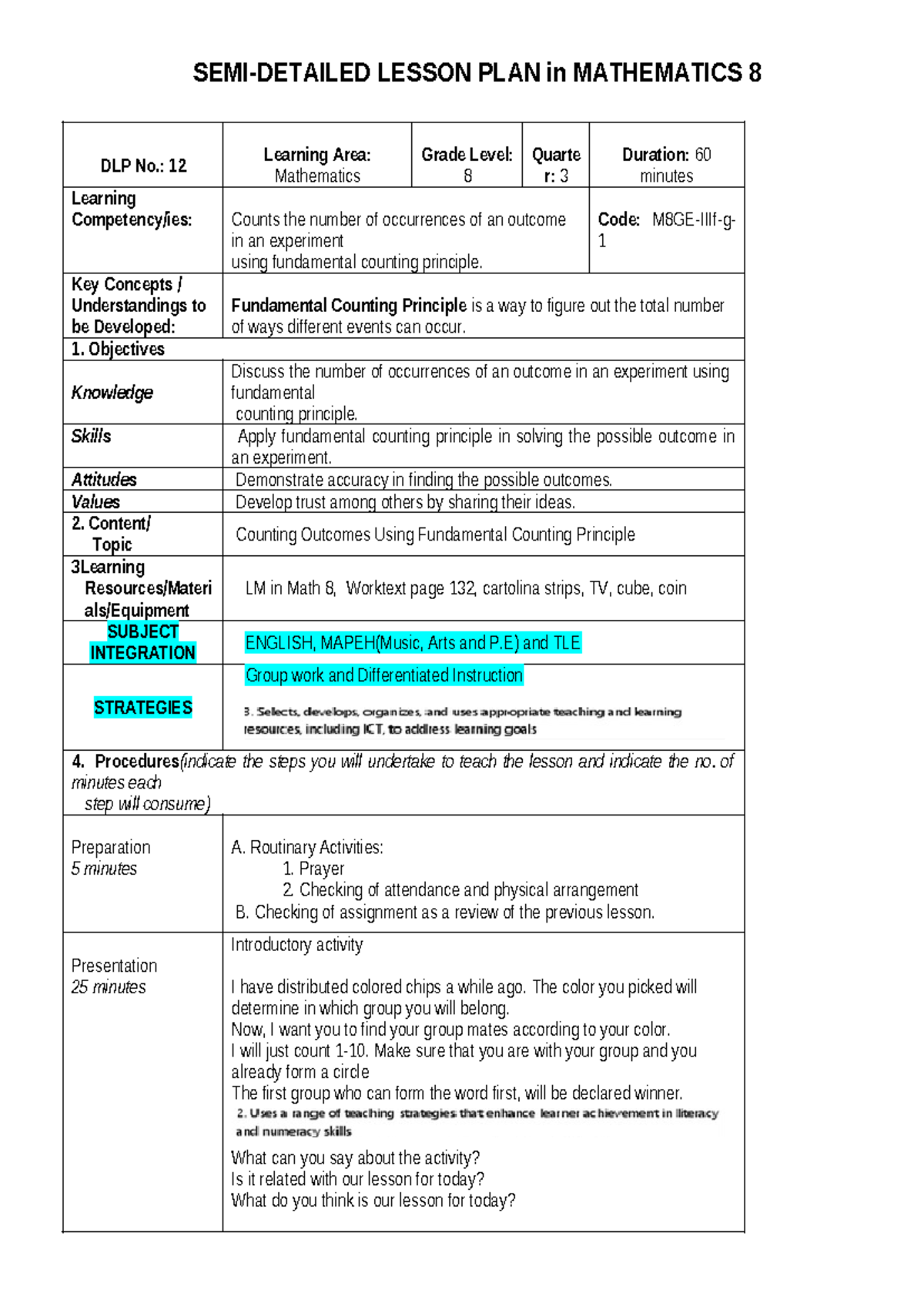 Mathematics 8 DLP 12 Final Lesson Plan on Counting Outcomes - Studocu