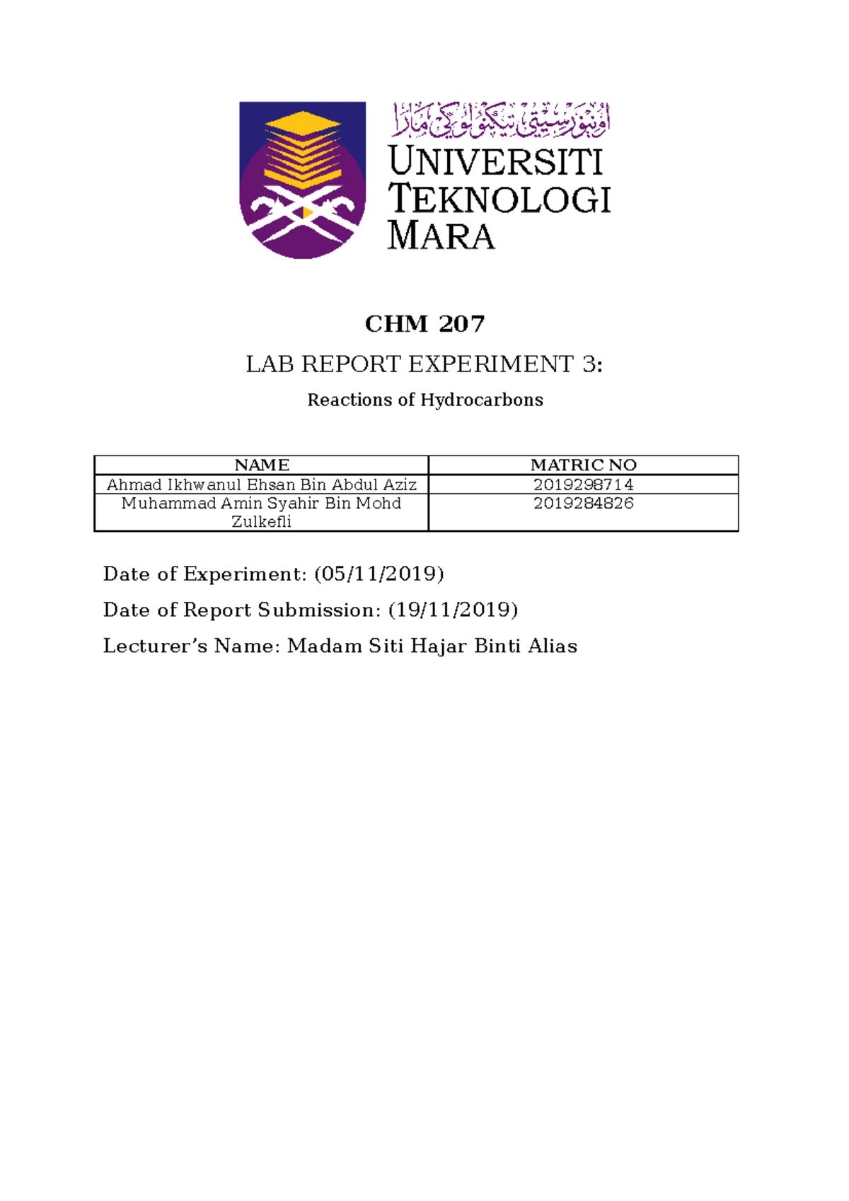 CHM 207 LAB Report 1A - CHM 207 ORGANIC CHEMISTRY EXPERIMENT 1: Basic ...