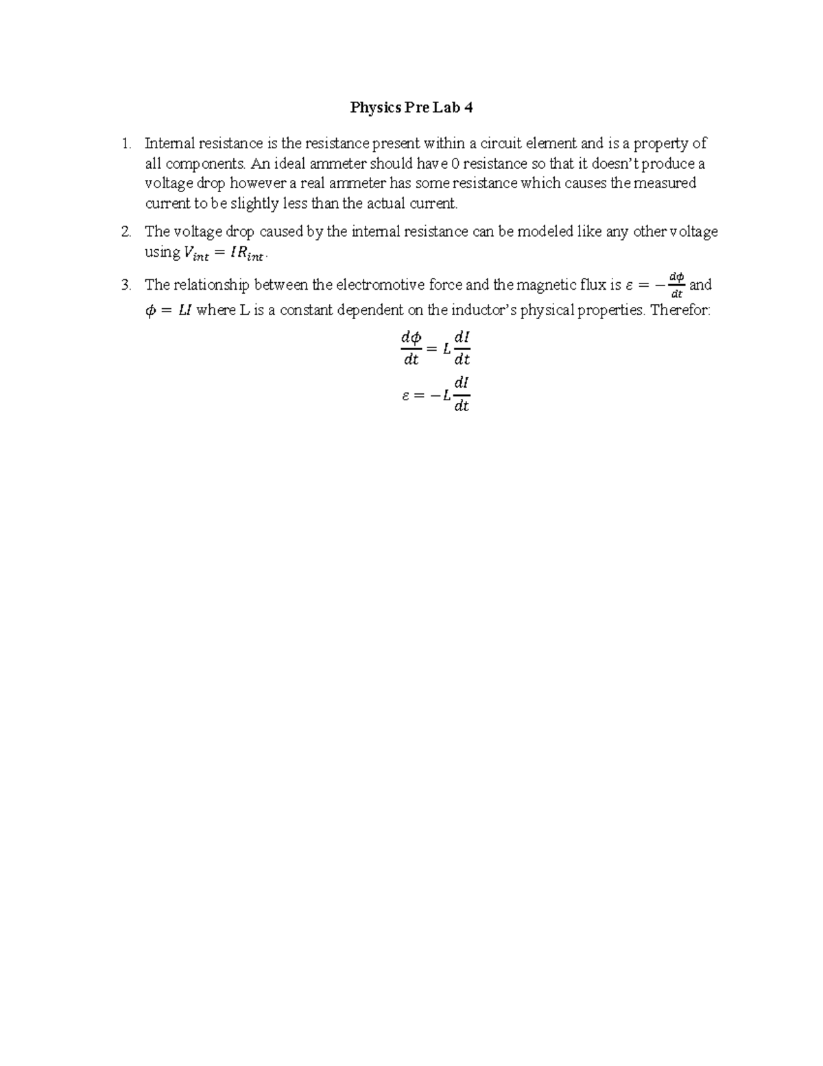 1E03 Pre Lab 4 - pre lab 4 - Physics Pre Lab 4 Internal resistance is ...