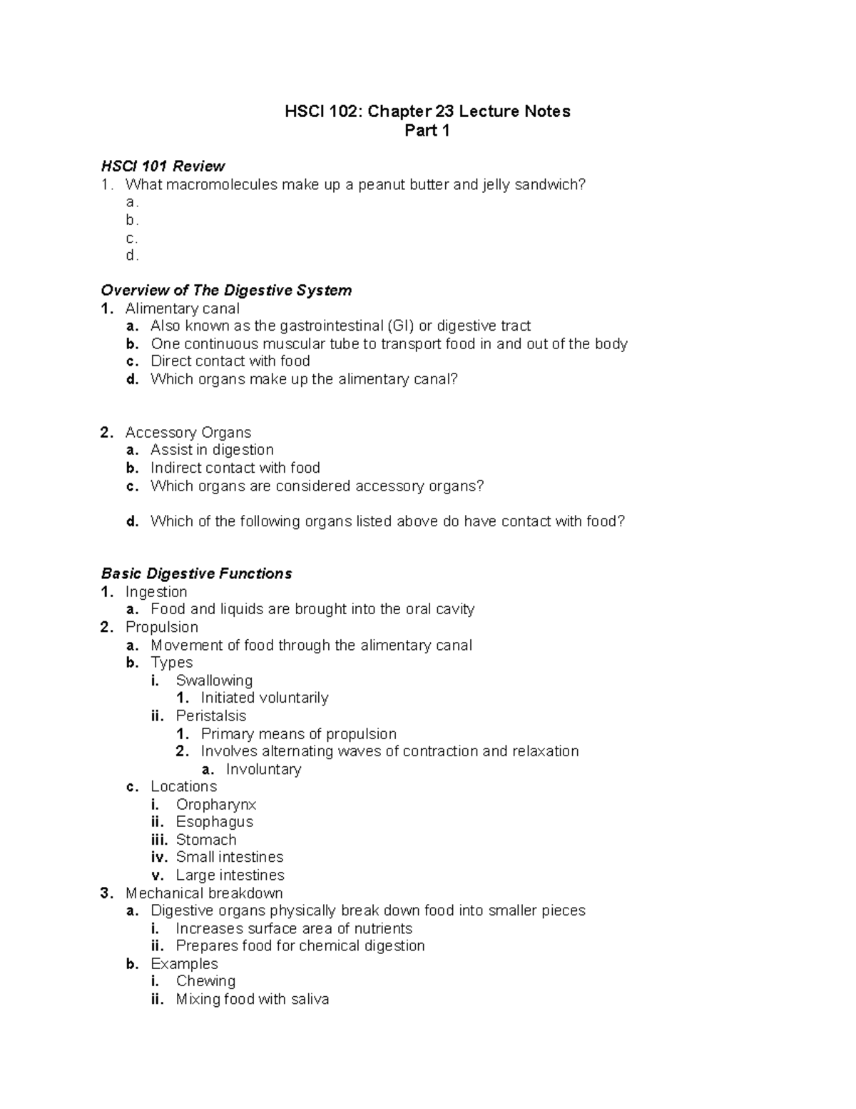 HSCI 102: Chapter 23 Lecture Notes Part 1 - Digestive System Overview ...