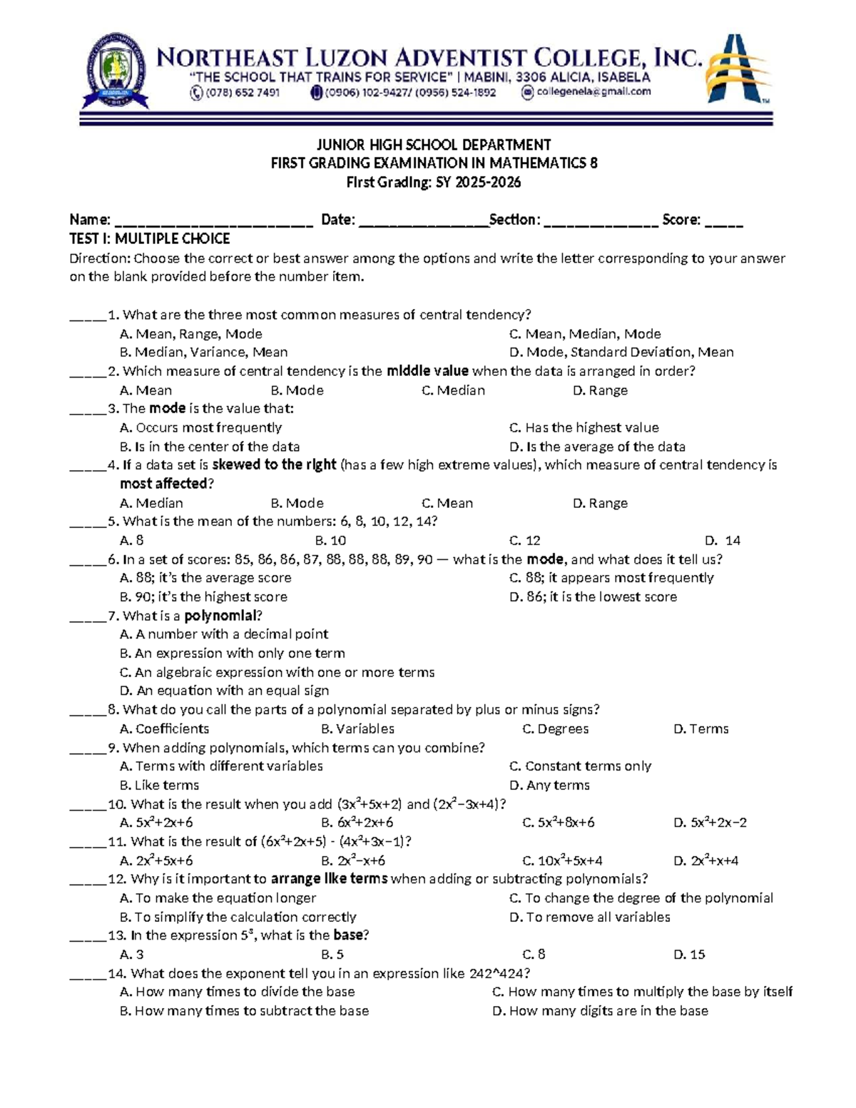 MATH 8 First Quarter Exam: Measures of Central Tendency & Polynomials ...