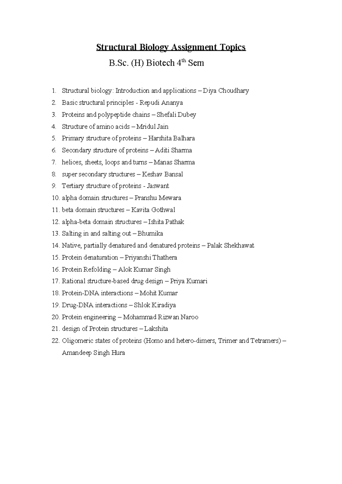 Structural Biology Assignment Topics - (H) Biotech 4 th Sem 1 ...